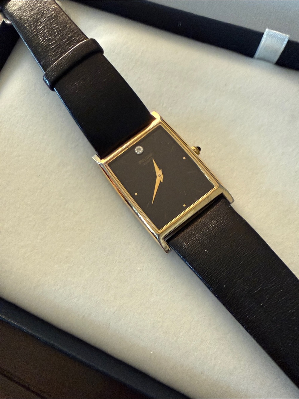 Pulsar men’s vintage Gold-Tone Rectangular Black Dial Watch Black Leather Strap